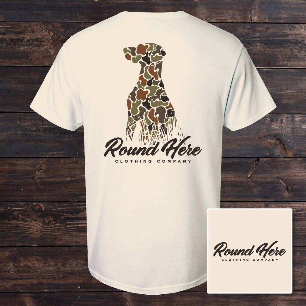 NEW ROUND HERE CLOTHING CO. men's duck camo dog tee in white